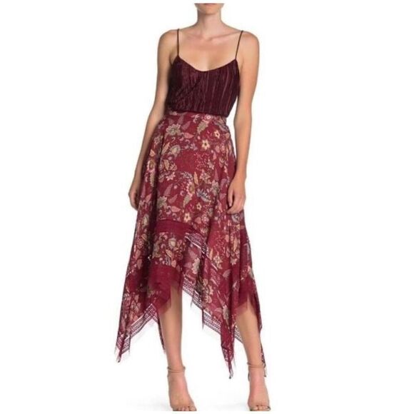 BCBGMAXAZRIA Floral Handkerchief-Hem Skirt Deep Red Size S - Picture 3 of 12